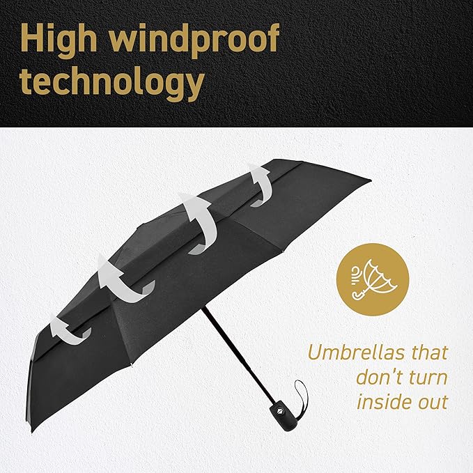 Windproof Compact Umbrella for Rain - 42” Travel Umbrella, Portable, Strong, Collapsible to 11”, Automatic Open Close Button, Vented Double Canopy with Fiberglass/Steel Frame, Wind Resistance to 55MPH