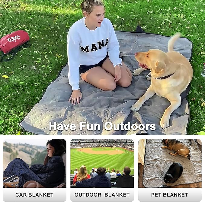 Waterproof Outdoor Blanket 82”X 55” Packable, Stadium Blankets for Camping with Quilted Fleece Lining, Large Windproof Emergency Throw Mat for Garss Picnic Hiking Road Trip, Machine Washable, Wine