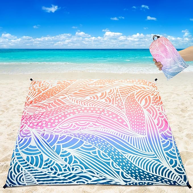 HIHOHO Beach Blanket Waterproof Sandproof Beach Mat for 1-8 Adults Quick Drying Durable Outdoor Picnic Mat for Beach Festival Travel Camping Hiking (Gradiant-Ripple, 79"×83"(4 Person))