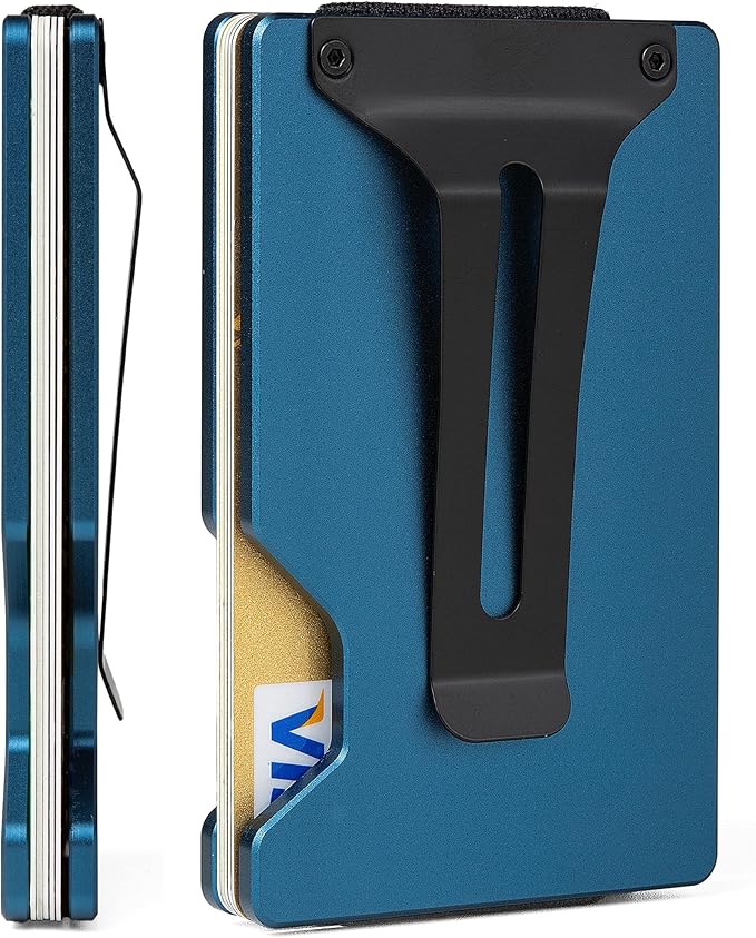 Carbon Fiber Minimalist Wallet for Men Credit Card Holder Money Clip & Cash Strap Slim RFID Mens Wallets(Matte Blue)