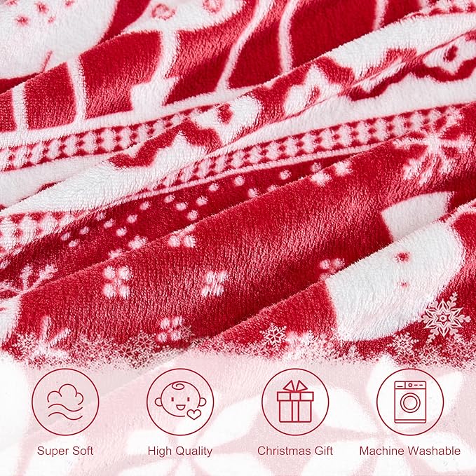 Christmas Blanket Soft Cozy Fleece Throws with Snowman Snowflake Reindeer and Xmas Trees Print, Fuzzy Warm Christmas Throw Blanket for Couch Bed Holiday Decorations Gifts 50"x60" (Red)