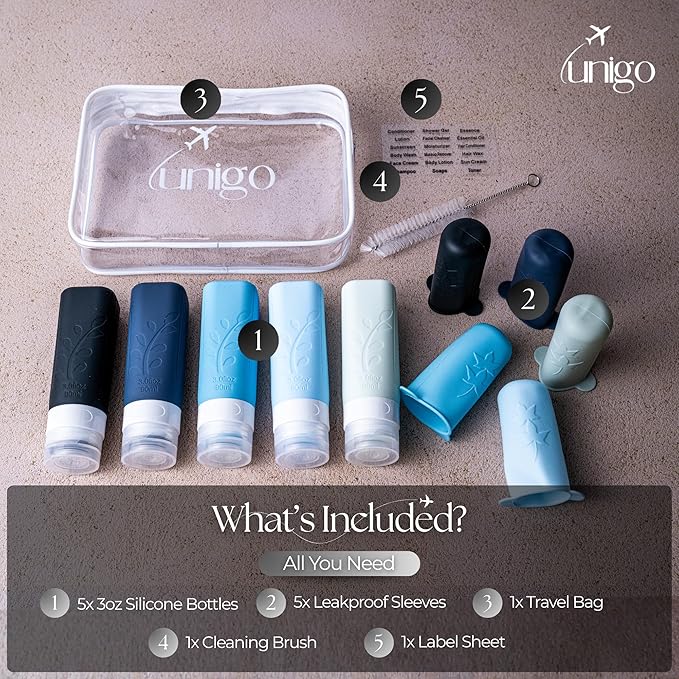 unigo Silicone Travel Bottles Set for Toiletries, Airplane Approved TSA Carry On Size, BPA Free Leakproof Refillable Squeeze Containers with Labels, Cleaning Brush and Covers (Blue)
