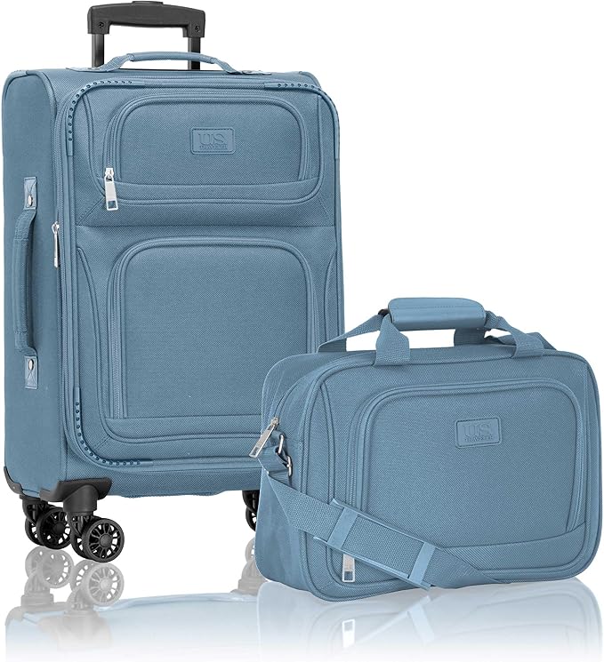 U.S. Traveler Rio Lightweight Softside Rolling Carry-on Suitcase, 4-Wheel Set, Light Blue