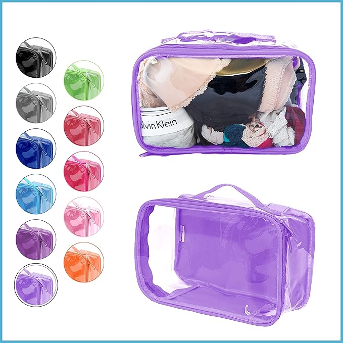 Small Clear Travel Packing Cube/See Through PVC Plastic Pouch for Carry On Suitcase, Backpack or Diaper Bag/Transparent Multipurpose Accessories, Makeup & Underwear Organizer w/Handle (Lilac)