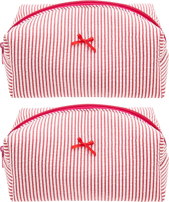 PAZIMIIK 2PCS Cozy Makeup Bag Small Aesthetic Travel Zipper Cosmetic Pouch for Women Make Up Beauty Accessories Brushes, Stripe Red