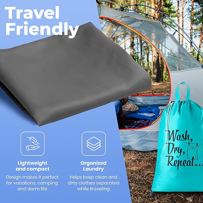 Handy Laundry Extra Large Travel Laundry Bags 2-Pack – 24 x 36 Inches Heavy Duty Water-Resistant Dirty Clothes Bags for Travel, Camping, Dorm, Family – Sturdy Drawstring Closure, Teal-Grey Print