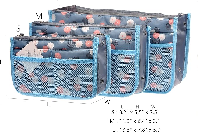 Vercord Purse Organizer Insert for Handbags Bag Organizers Inside Tote Pocketbook Women Nurse Nylon 13 Pockets Blue Flower Large