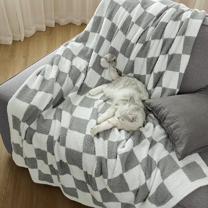 Checkered Throw Blanket, Light Grey Soft Cozy Fluffy Knitted Throw Blankets for Couch, Sofa, Bed, Chair, Warm Fuzzy Travel Picnic Lightweight Plaid Blanket, 60x80 inches