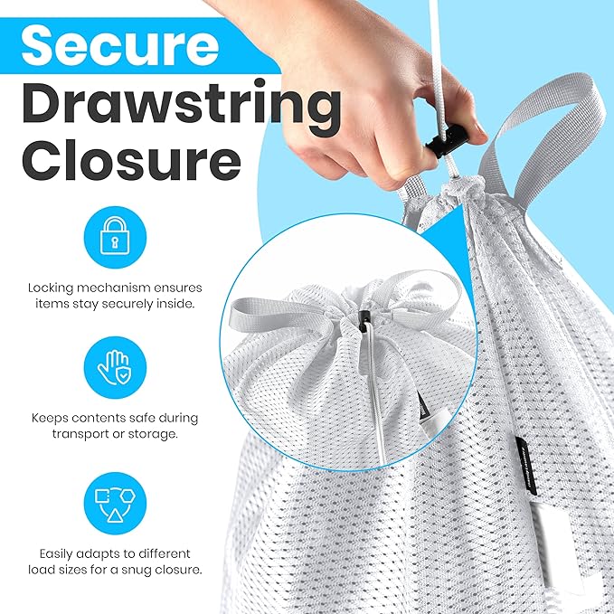 Large Mesh Laundry Bags - Heavy Duty with Handles & Drawstring - Machine Washable Net Laundry Sacks for College Dorm, Camp, Travel, Bedding & Clothes Storage (White)