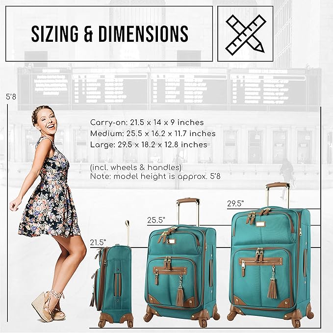 Steve Madden Designer-Gepckkollektion Leichter Softside-Koffer fr Damen und Herren strapazierfhige 50,8 cm groe Tragetasche mit 4 rollenden Spinner-Rdern, Harlo Teal Blue, 20in, Carry on Bag With