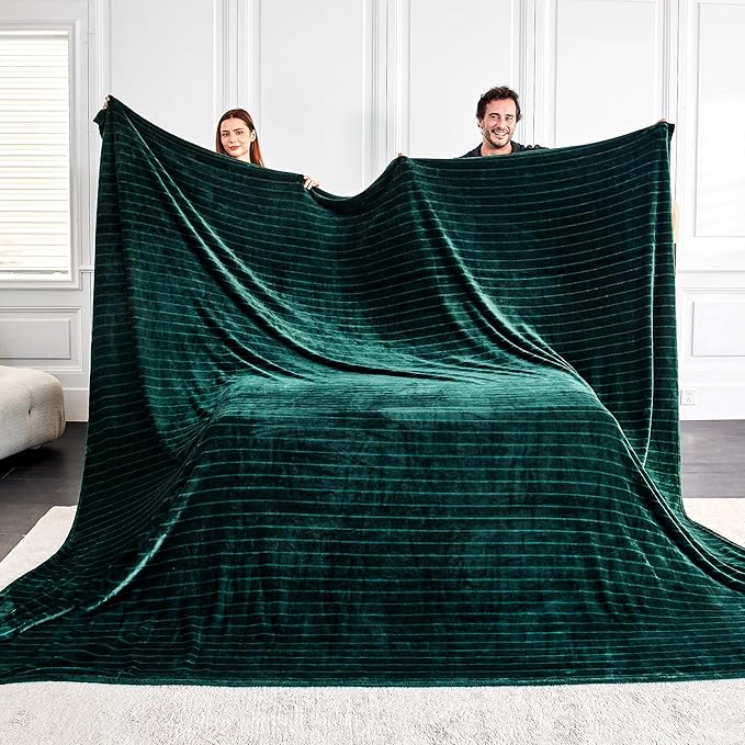 Extra Large 120x120 Inch Giant Soft Cozy Fleece Blanket, Huge Oversized Seamless King 3D Jacquard Decorative California King Blanket for Bed, Couch, Travel - Striped Forest Green