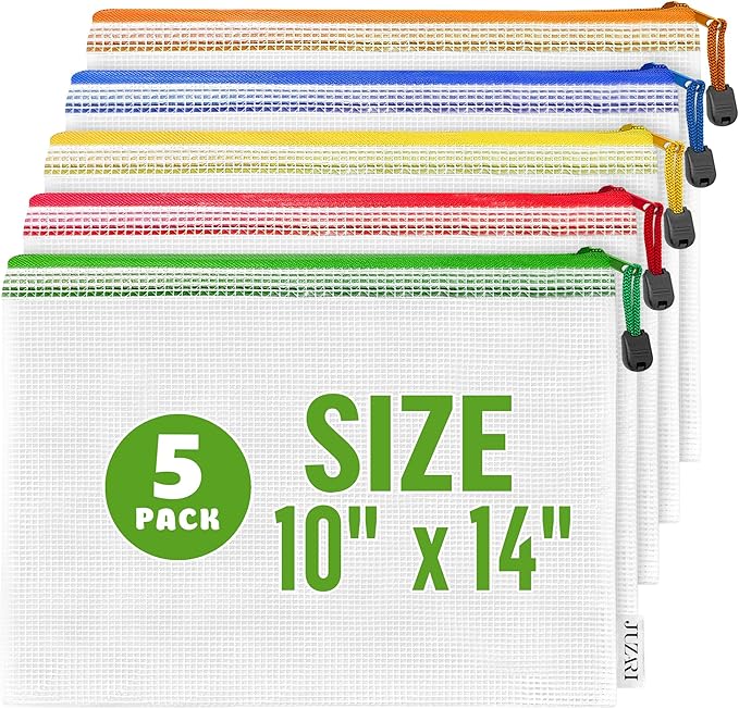 5 Pack Mesh Zipper Pouch Bags 10x14 inch - Plastic Zipper Pouches for Organizing - Document Bags with Zippered - Letter Size Zippered Pouch - Document Pouches Clear Zip Bags - Mesh Storage Bags