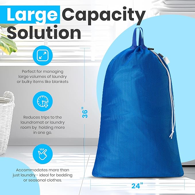 Large Mesh Laundry Bags - Heavy Duty with Handles & Drawstring - Machine Washable Net Laundry Sacks for College Dorm, Camp, Travel, Bedding & Clothes Storage (Blue)