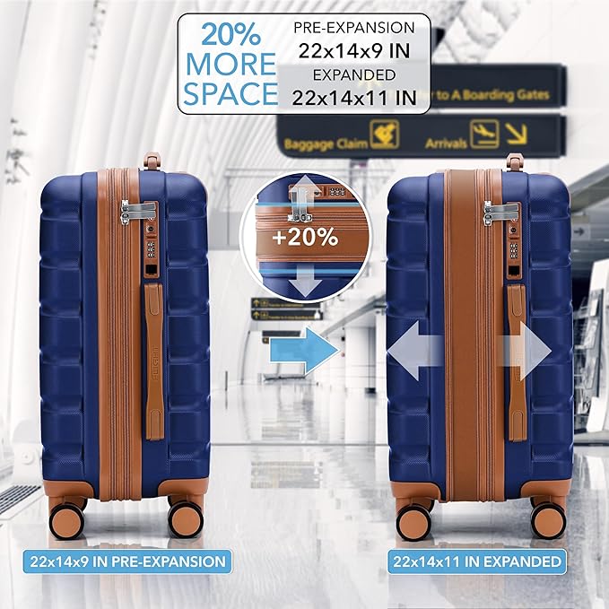 Flight Knight 22x14x9" Expandable Carry On Suitcase Hardside TSA Lock USB C Port Lightweight Luggage Silent Double Spinner Wheels Maximum Overhead Carry-On Bag For American & United Approved Airlines