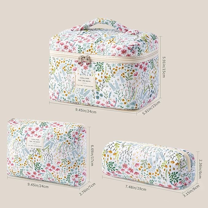 HBselect Quilted Makeup Bag, 3PCS Cotton Large Travel Makeup Bag, Cute Floral Coquette Make up Bag Cosmetic Bag Toiletry Bag for Women Girls