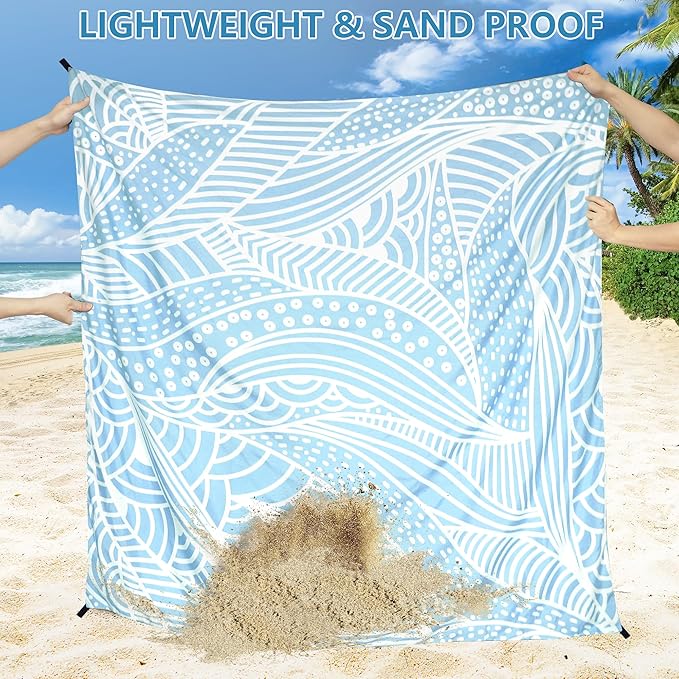 Beach Blanket Sandproof Extra Large Beach Mat Adults Waterproof Quick Drying Sand Free Mat Made by Premium Polyester with 4 Stakes & 4 Corner Pockets for Outdoor Travel Camping Hiking