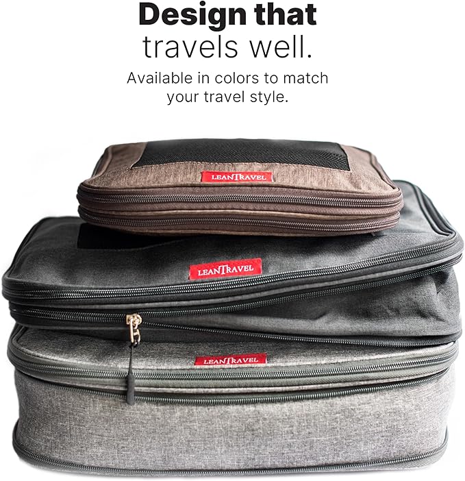 LeanTravel Premium Compression Packing Cubes for Travel - Suitcase Organizer Bags with Double Zipper & Breathable Mesh Panel - Space Saving Carry On Luggage Essentials (6-Pack, Grey, Black, Brown)