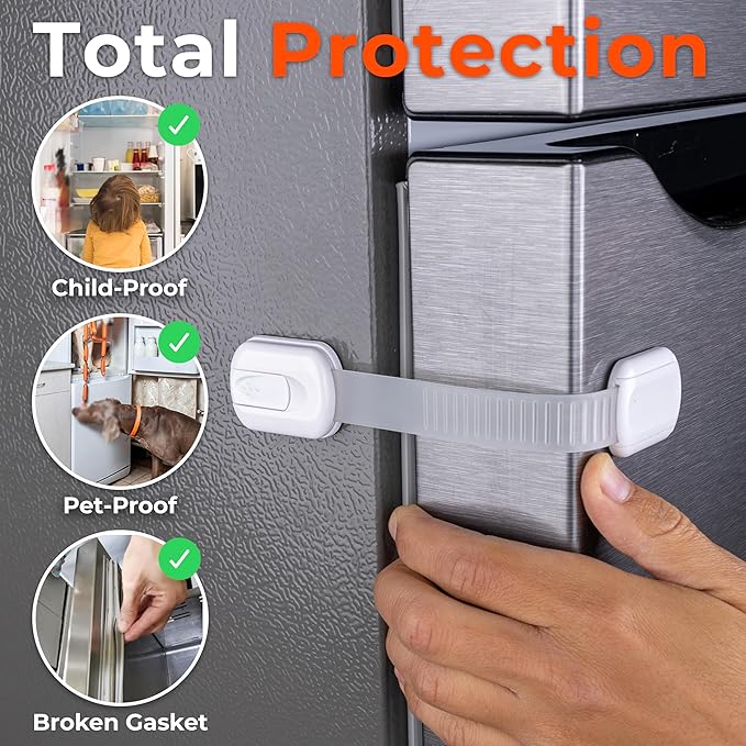 2-Pack Child Proof Fridge Lock with Adhesive - Adjustable Baby Proofing Straps - Refrigerator Lock for Kids - Freezer Latch to Keep Door Closed - for Toddlers, Cats, & Dogs - Universal Compatibility