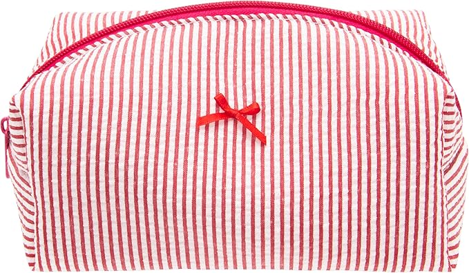 PAZIMIIK Cozy Makeup Bag Small Aesthetic Travel Zipper Cosmetic Pouch for Women Make Up Beauty Accessories Brushes, Stripe Red
