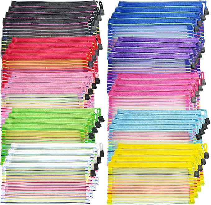Mesh Bags with Zipper (40 Pack), Small Nylon Makeup Bag Cosmetic Pouches Travel Organizer for Purse Diaper Bag Home Organizing Striped Mix 10 Colors