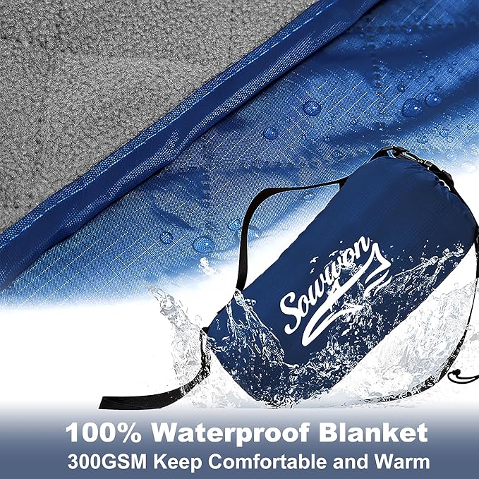 Waterproof Outdoor Blanket 82”X 55” Packable, Stadium Blankets for Camping with Quilted Fleece Lining, Large Windproof Emergency Throw for Garss Picnic Hiking Road Trip, Machine Washable, Navy 300GSM