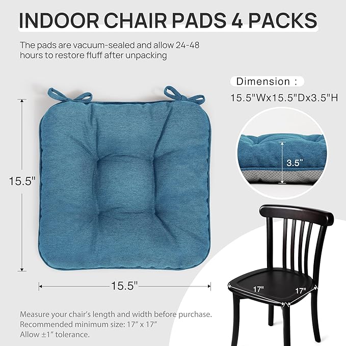 Love's cabin Memory Foam Chair Cushions Set of 4, 15.5"x15.5"x3.5" Indoor & Outdoor Seat Pads for Dining, Kitchen, Office, Patio Chairs - Blue