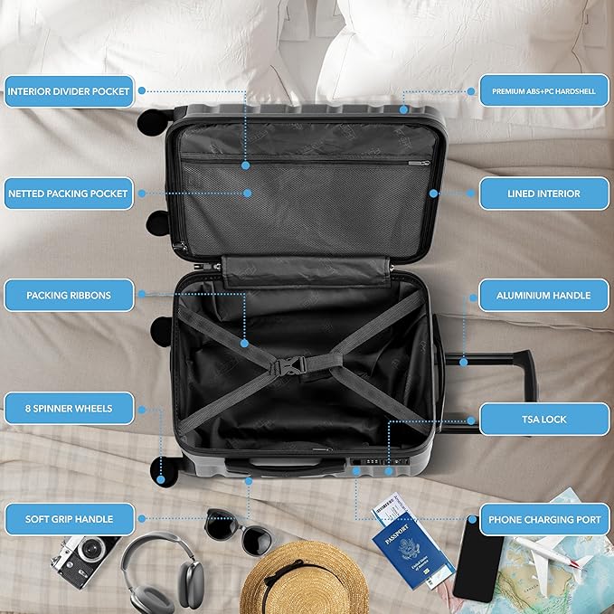 Flight Knight 22x14x9" Expandable Carry On Suitcase Hardside TSA Lock USB C Port Lightweight Luggage Silent Double Spinner Wheels Maximum Overhead Carry-On Bag For American & United Approved Airlines