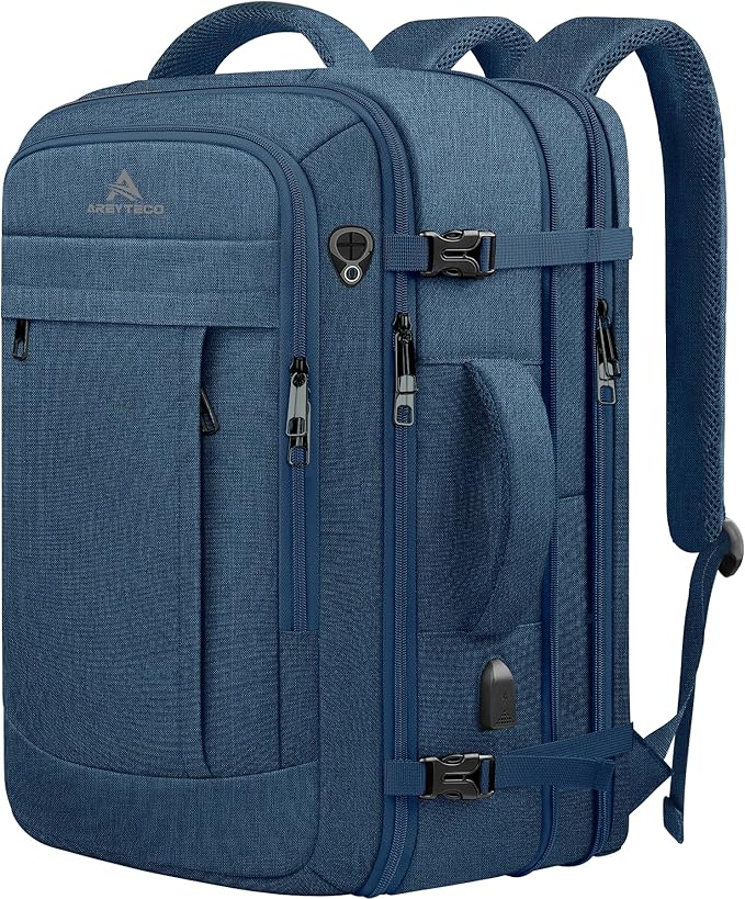 AREYTECO 60L Big Capacity Carry On Laptop Backpack Large Travel Backpack for Men, Expandable Water Resistant Overnight Weekender Luggage Gym Daypack Rucksack Traveling Backpack, Traveler Gifts, Blue