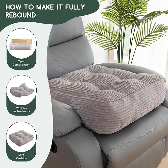 HIGOGOGO Tufted Corduroy Recliner Seat Cushion for Elderly, 20x20x6 Inch Extra Large Square Seat Cushion for Recliner Chair, Floor Pillow, Office Chair, Car, No Pressure on Thighs, Grey