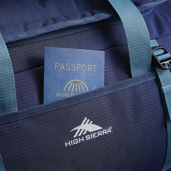High Sierra Fairlead Travel Overnight Duffel Backpack Gym Bag with Padded Handles, Compression Straps, and Multiple Pockets, True Navy/Graphite Blue