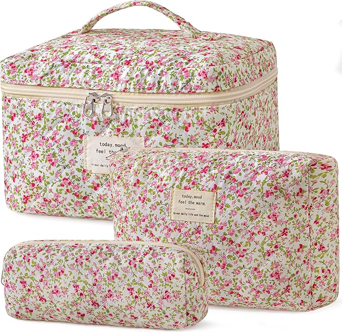 HBselect Quilted Makeup Bag, 3PCS Cotton Large Travel Makeup Bag, Cute Floral Coquette Make up Bag Cosmetic Bag Toiletry Bag for Women Girls