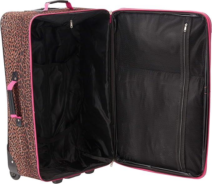 Rockland Vara Softside 3-Piece Upright Luggage Set, Pink Leopard, 3-Piece Set (20 inch/28 inch/22 inch duffel)