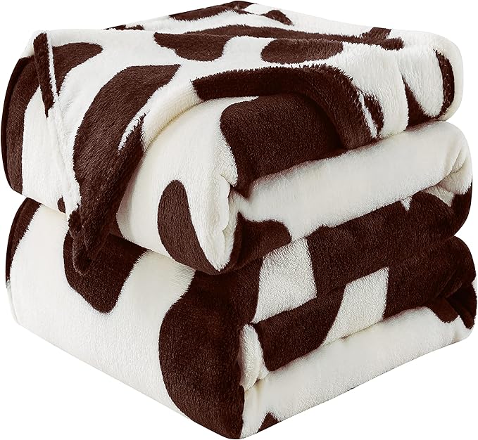 Fleece Cow Print Blanket Queen Size for All Season - Premium Lightweight Anti-Static Super Soft Cozy Plush Cow Blankets for Queen/Full Bed,90" x 90"(Brown Cow)