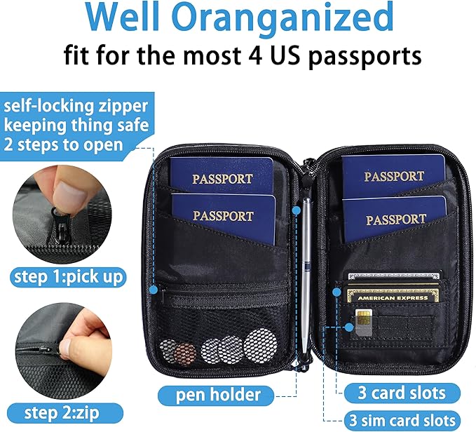 family passport holder for 4 black passport wallet for travel passport cover rfid blocking for women waterproof wallet with zipper airtag passport case for men multiple passport bag