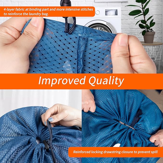 Polecasa Extra Heavy Duty Large Diamond Mesh Laundry Bags with Drawstring Closure & ID Tag, 2 Pack 24 x 36 inches Washable Storage Bag for College, Travel, Sports, Dorms, Blue
