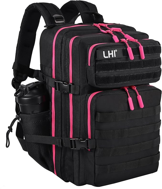 LHI Military Tactical Backpack for Men and Women 45L Army 3 Days Assault Pack Bag Large Rucksack with Molle System - Black with red zipper