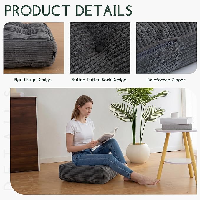 HIGOGOGO Tufted Corduroy Recliner Seat Cushion for Elderly, 20x20x6 Inch Extra Large Square Seat Cushion for Recliner Chair, Floor Pillow, Office Chair, Car, No Pressure on Thighs, Dark Grey