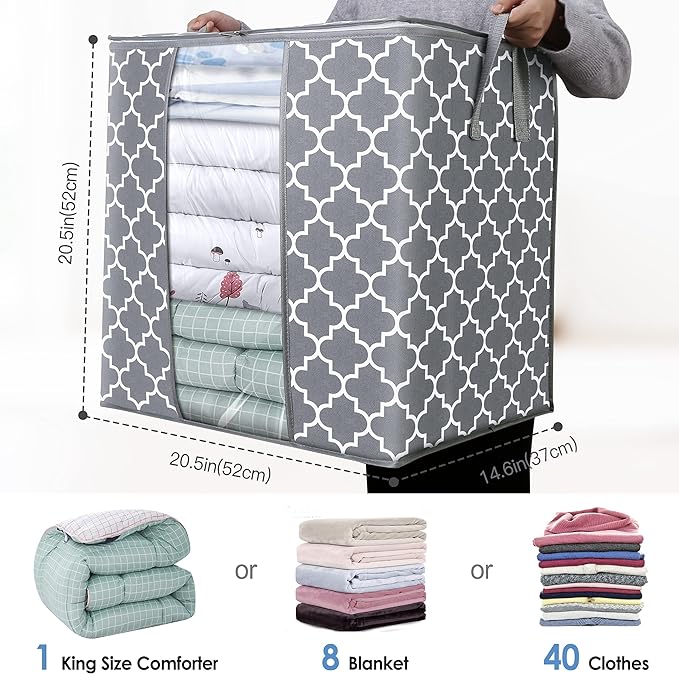 WISELIFE Storage Bags 6 Pack/100L Large Blanket Clothes Organization and Storage Containers for Comforters,Bedding, Foldable Organizer with Reinforced Handle, Clear Window, Sturdy Zippers,Light Gray