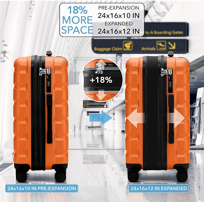 Flight Knight 24x16x10 Expandable Carry On Suitcase Hardside TSA Lock USB C Lightweight Luggage Silent Double Spinner Wheels Maximum Overhead Carry-On Bag For Virgin South West Approved Orange