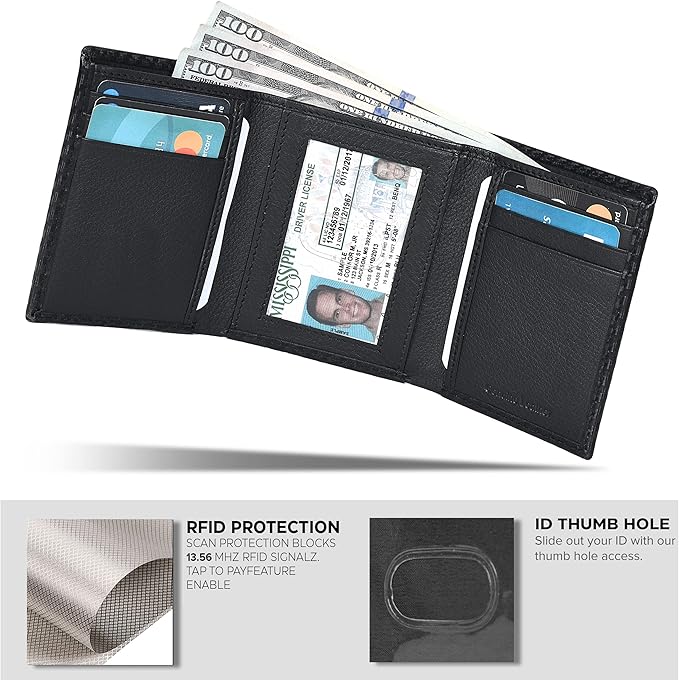 Real Leather Mens Trifold Wallet RFID Blocking Slim Minimalist Front Pocket - Thin & Stylish with ID Window in Gift Box