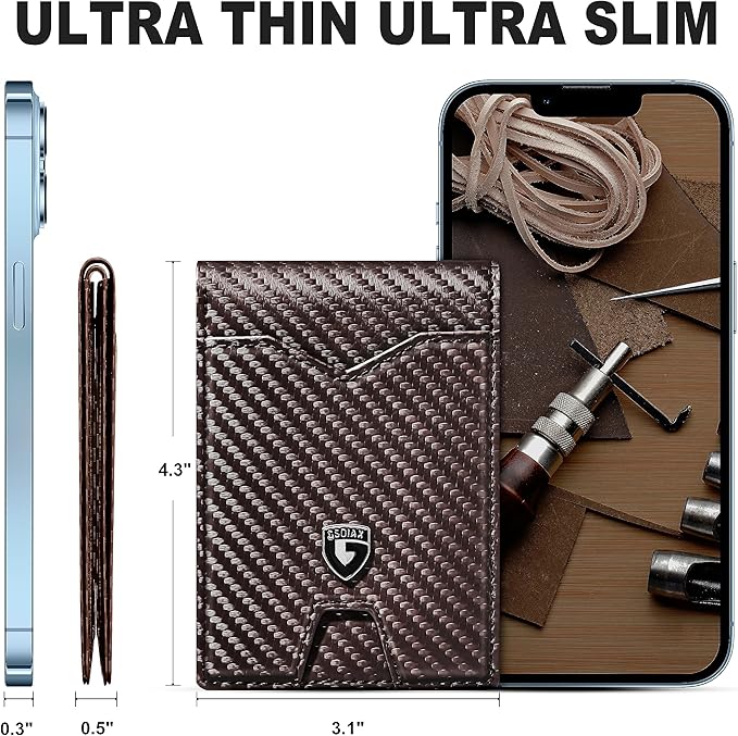 GSOIAX Slim Wallet for Men Rfid Blocking Leather Bifold Front Pocket Carbon Fiber Credit Card Holder Novelty Wallets With Gift Box (Carbon Coffee)