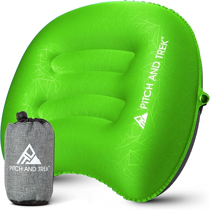 Pitch and Trek Camping Pillow with Removable Cover, Ultralight Portable Compact Inflatable Pillow for Neck Lumbar Support, Compressible Pillow for Hiking, Beach, Hammock, and Backpacking Gear