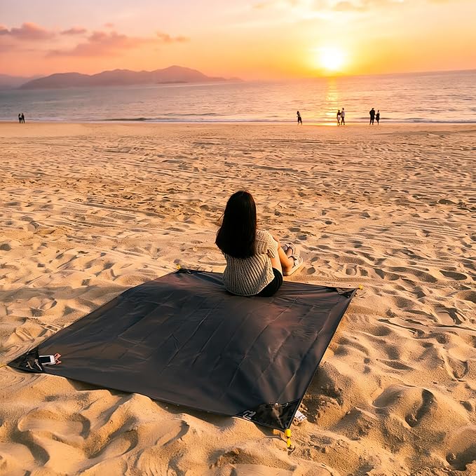 Pocket Blanket 71"x55", Lightweight Compact Sandproof Waterproof Outdoor Blanket for Beach, Hiking, Camping, Travel, Festivals, Picnic with Pockets, Loops, Stakes, Carabiner