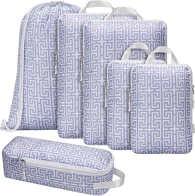 Compression Packing Cubes for Travel 6pc Set with Laundry Bag/Backpack-Luggage Organizers for Suitcase-Lightweight Compressible - Light Blue Boho