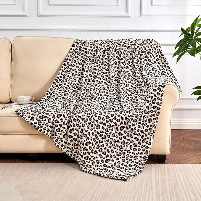 Leopard Print Blanket Fleece Throw for Bed Sofa Travel and Camping, Super Soft Cozy Fluffy Plush Cheetah Print Blanket for All Seasons 60"x80" (Cream)