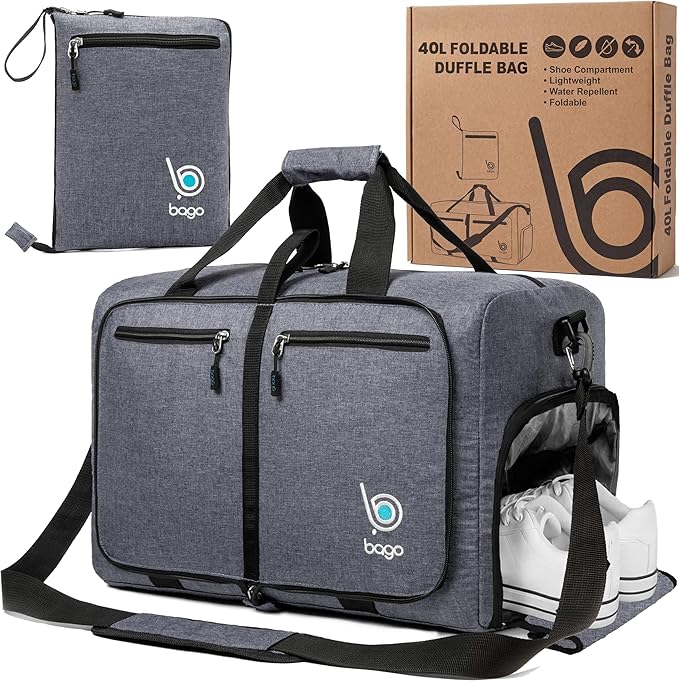 Bago Compact Duffle Bag for Travel Women & Men. Durable Lightweight Foldable Travel Duffel Bags For Traveling Women. 40L Duffle Bags a Reliable Weekender duffel or Overnight Bag With Shoe Compartment