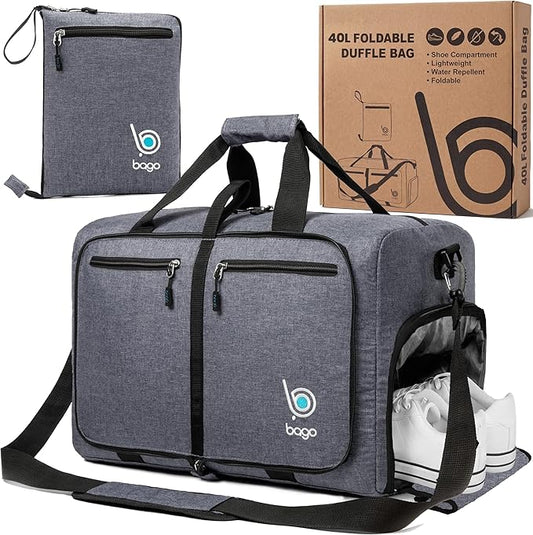 Bago Compact Duffle Bag for Travel Women & Men. Durable Lightweight Foldable Travel Duffel Bags For Traveling Women. 40L Duffle Bags a Reliable Weekender duffel or Overnight Bag With Shoe Compartment