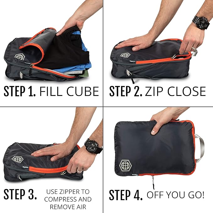 Compression Packing Cubes 3 Piece Set for Carryon Suitcases- Lightweight, Durable Clothes Organizer (Grey and Orange)