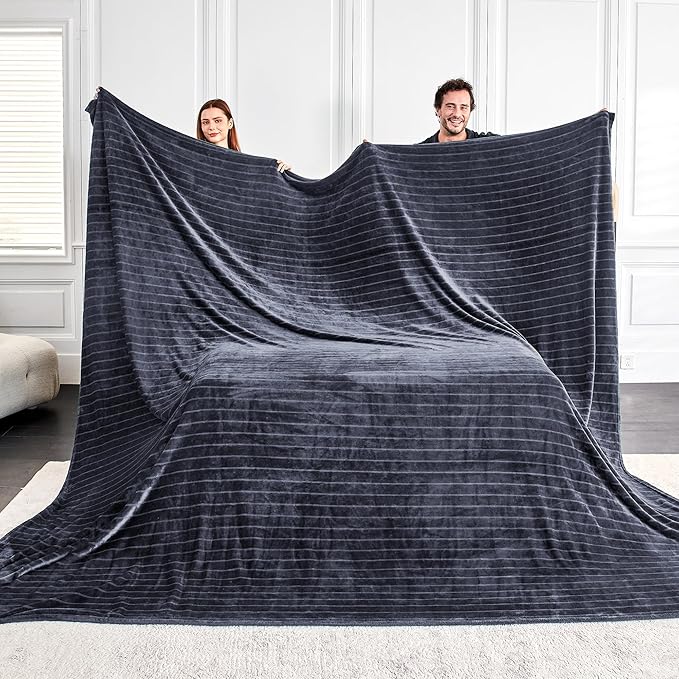 Extra Large 120x138 Inch Giant Soft Cozy Fleece Blanket, Huge Oversized Seamless King 3D Jacquard Decorative California King Blanket for Bed, Couch, Travel - Striped Dark Grey