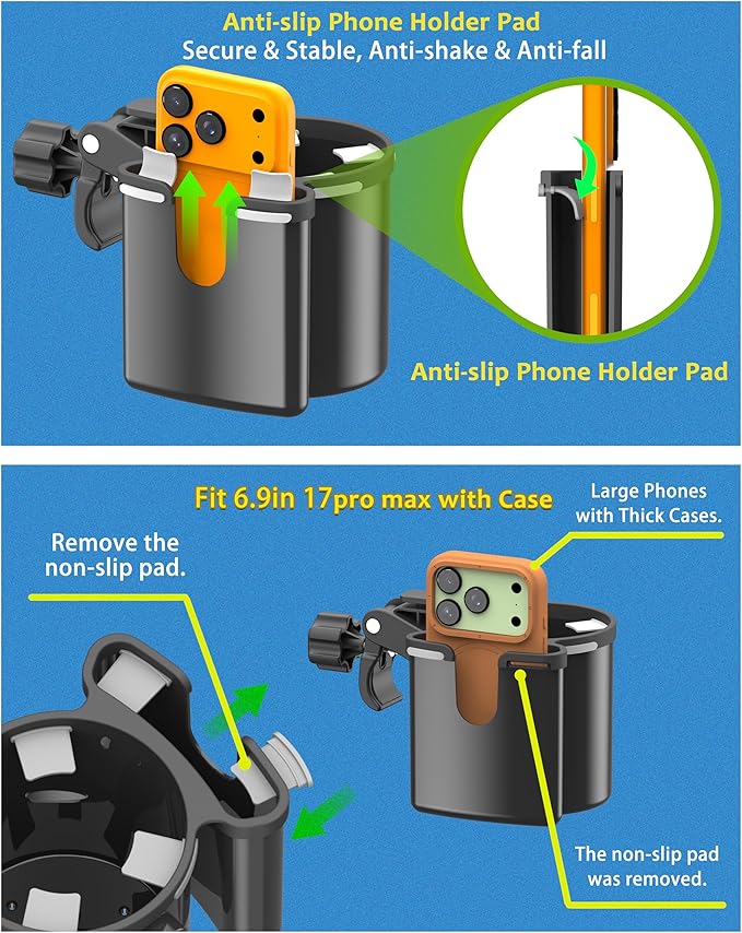 Universal Clamp-on 2-in-1 Cup Holder & Phone Holder for Stroller, Walker, Wheelchair, Fits 12oz-40oz Drinks, Multifunctional Storage Organizer, Pack of 2
